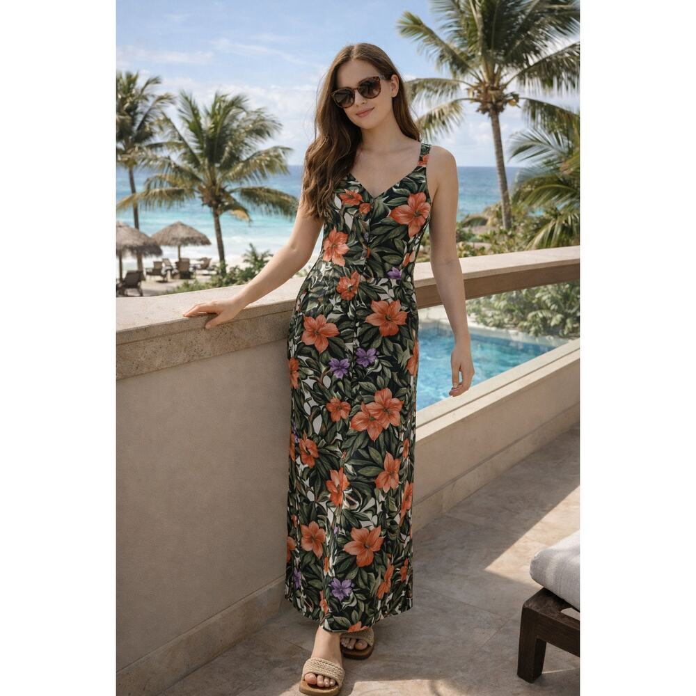 Jamie Brooke Tropical Floral Button Front Midi Dress Size 10 Vintage 90s Cottage